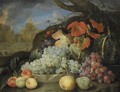 Still Life Of Grapes, Melons, Peaches And Pears Set In A Formal Garden Exterior - Joris Van Son