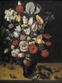 Still Life Of Roses, Tulips, Irises, Marigolds And Other Flowers In A Roemer - Antwerp School