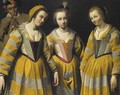 Three Young Girls Wearing Yellow Dresses - French School
