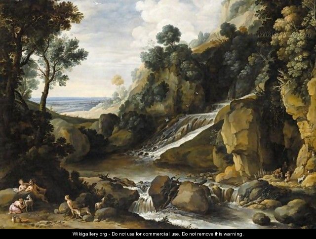 A Rocky Landscape With A Waterfall, Nymphs And Satyrs Resting By A River - Maerten Ryckaert