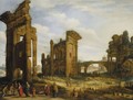 A Capriccio View Of The Forum Romanum With Drovers And Figures Selling Their Wares - Willem van, the Younger Nieulandt