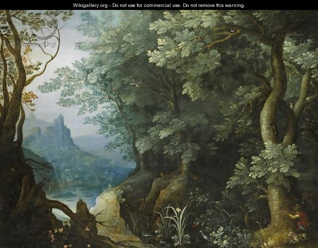 Huntsmen At The Edge Of A Forest, A River And Hilltop Castle Beyond - Gillis van Coninxloo