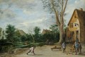 A Village Scene With Four Peasants Playing Bowls Before A Tavern, Two Cottages Beyond - David The Younger Teniers