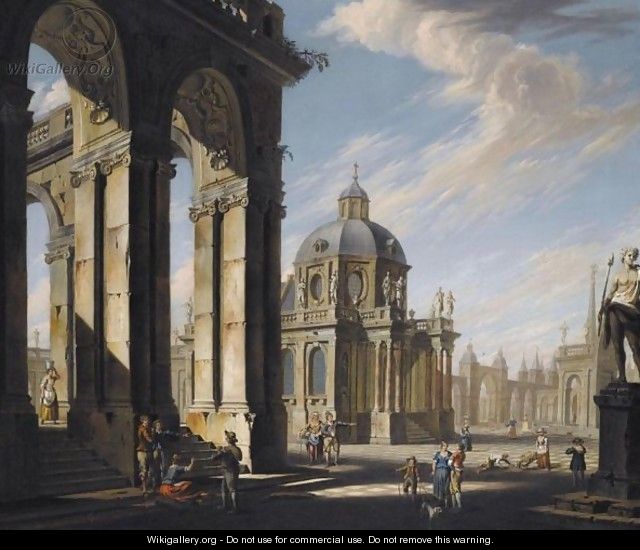 An Architectural Capriccio With Figures Conversing On The Piazza - Jacopo Fabris Venice