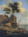 Figures Disembarking From A Ferry With Their Horses, A Village Beyond - Mathys Schoevaerdts