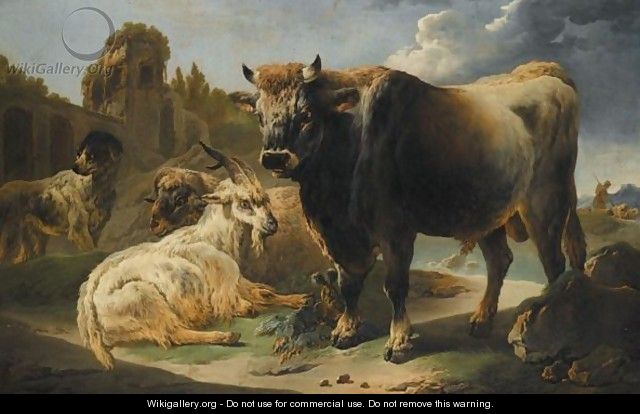 A Rocky Landscape With A Bull, Goat, Ram And Sheepdog Before A Set Of Ruins, A Shepherd And Flock Beyond - Philipp Peter Roos