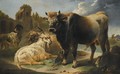 A Rocky Landscape With A Bull, Goat, Ram And Sheepdog Before A Set Of Ruins, A Shepherd And Flock Beyond - Philipp Peter Roos