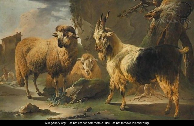 A Rocky Landscape With Sheep And Goats, A Horseman Before A House Beyond - Philipp Peter Roos