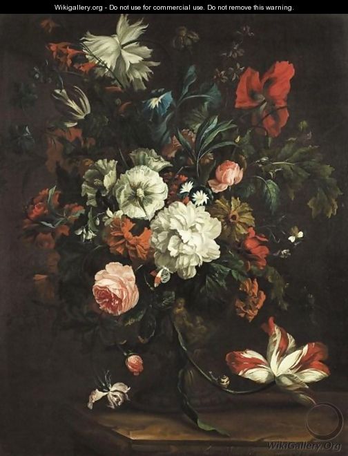 Still Life Of Roses, Peonies, Morning Glory And Other Flowers In A Sculpted Urn On A Stone Ledge - Justus van Huysum