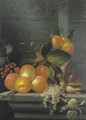 Still Life With Peaches, Redcurrants, Whitecurrants, Hazelnuts And Two Wine Glasses, All Arranged On A Stone Ledge - Michel Bouillon