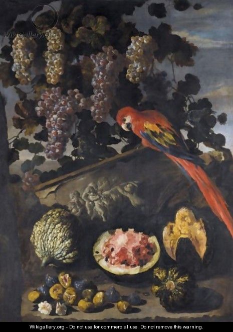 A Still Life Of Grapes, Melons And Figs With A Red Macaw And A Starling Upon A Stone Relief - Neapolitan School