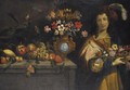 Still Life With Flowers In An Ornate Bronze Vase, Together With Grapes, Pomegranates And Other Fruit On A Stone Ledge, With A Young Lady - Tuscan School