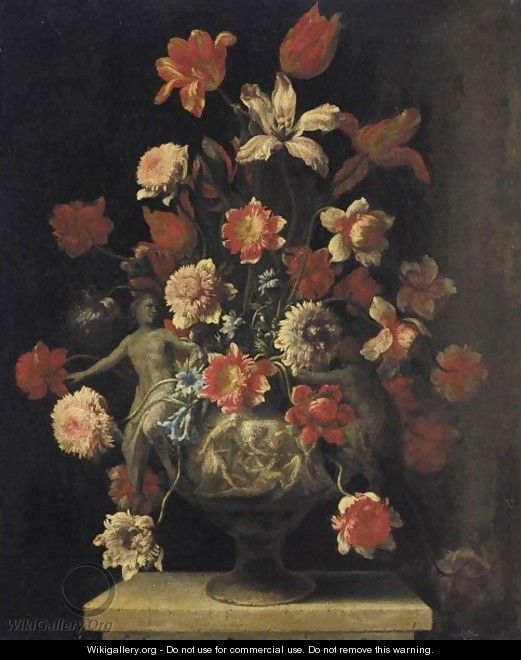 Still Life Of Tulips Carnations And Narcissi In A Classical Vase On A Stone Ledge - Roman School