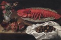 Still Life With A Lobster, Pomegranates, A Decanter Of Wine And A Vase Of Flowers - Italian School