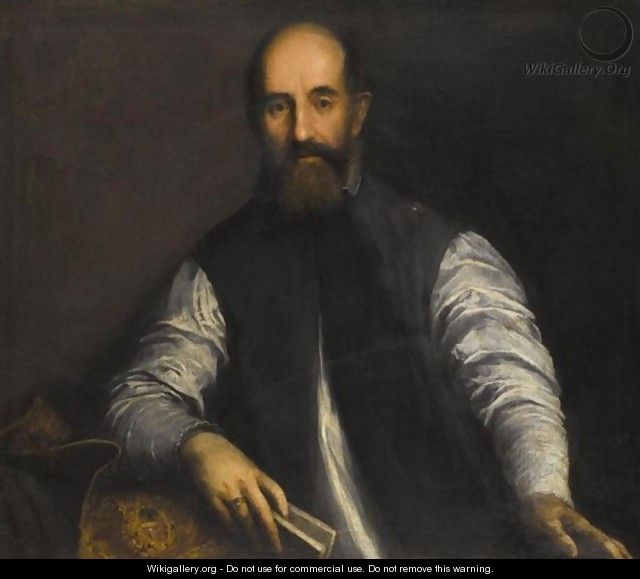 Portrait Of A Bearded Man, Half-Length, Wearing A Blue Waistcoat And Holding A Book In His Right Hand - (after) Jacopo D
