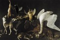 Still Life Of Dead Game Upon A Table, Including A Swan, A Bittern, Boar, Peacock And Kingfisher, Various Game Birds And A Hare Together With Three Hounds - Elias Vonck