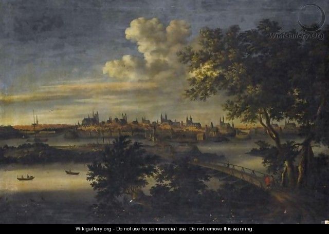 A Panoramic View Of Magdeburg Seen From Across The River Elbe, With Figures Crossing A Bridge In The Foreground - Willem Von Bemmel