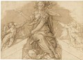 An Allegorical Figures Of Peace Seated On A Pediment, Flanked By Two Putti Playing Trumpets - Roman School
