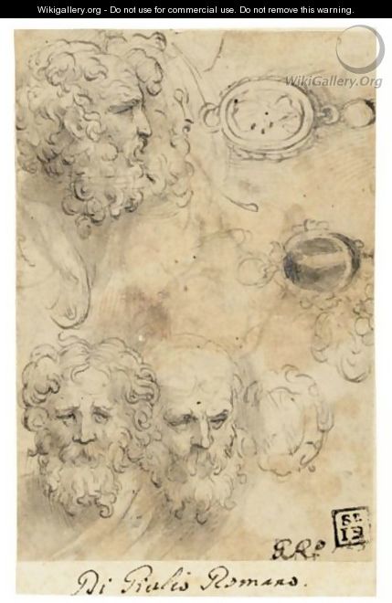 A Sheet Of Studies With Four Heads Of Bearded Men, One In Profile, And Three Studies Of Pendant Jewels, One With A Standing Figure And Another With An Oval Portrait - Girolamo Francesco Maria Mazzola (Parmigianino)
