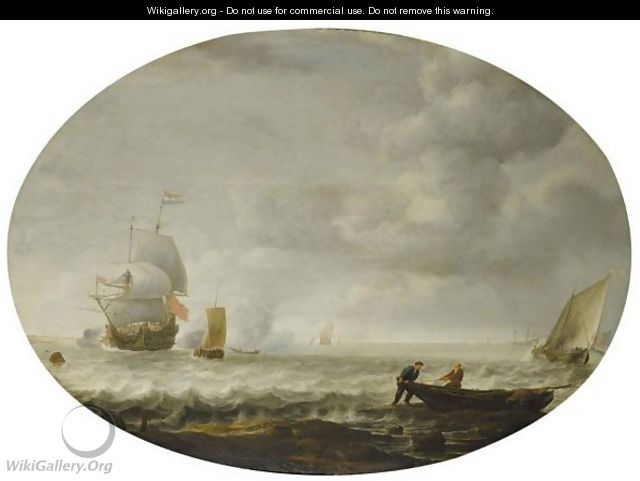 A Dutch Man Of War And Other Shipping Off A Coast, Fishermen Pushing Out To Sea In The Right Foreground - Simon De Vlieger
