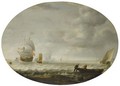 A Dutch Man Of War And Other Shipping Off A Coast, Fishermen Pushing Out To Sea In The Right Foreground - Simon De Vlieger
