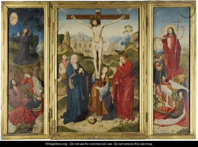 A Triptych Representing The Crucifixion, Flanked By The Agony In The Garden And The Resurrection, With Scenes From The Passion Beyond - Barthel Bruyn