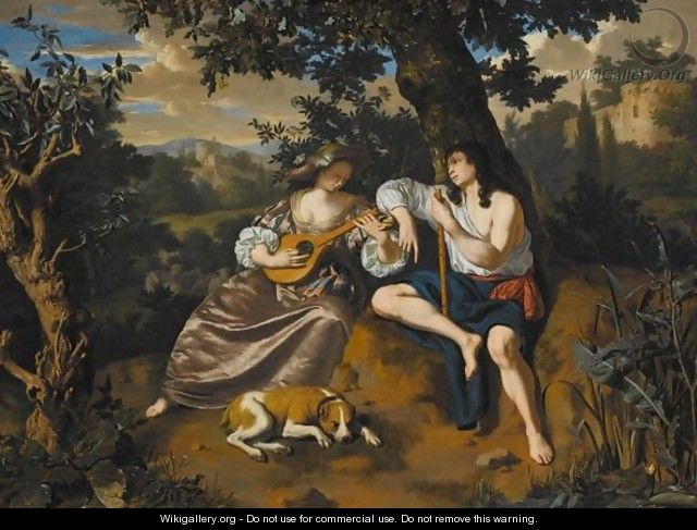 An Arcadian Landscape With A Shepherd Holding A Flute, Listening To A Shepherdess Playing A Stringed Instrument, A Dog Lying At Their Feet - Willem van Mieris