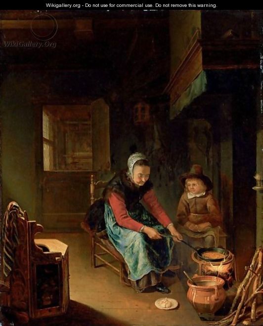 An Interior With A Woman Cooking Pancakes With A Young Boy Before A Hearth - Pieter Cornelisz. van SLINGELANDT