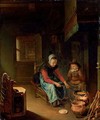 An Interior With A Woman Cooking Pancakes With A Young Boy Before A Hearth - Pieter Cornelisz. van SLINGELANDT