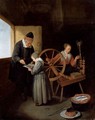 Interior With A School Master Teaching A Young Girl To Read, Another Girl Seated At A Spinning Wheel - Quiringh Gerritsz. van Brekelenkam