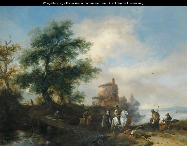 A River Landscape With A Gentleman And Lady Riding To The Chase, With A Pilgrim Asking For Alms In The Foreground, Other Members Of The Hunting Party Crossing A Wooden Bridge, A Tower Beyond - Philips Wouwerman