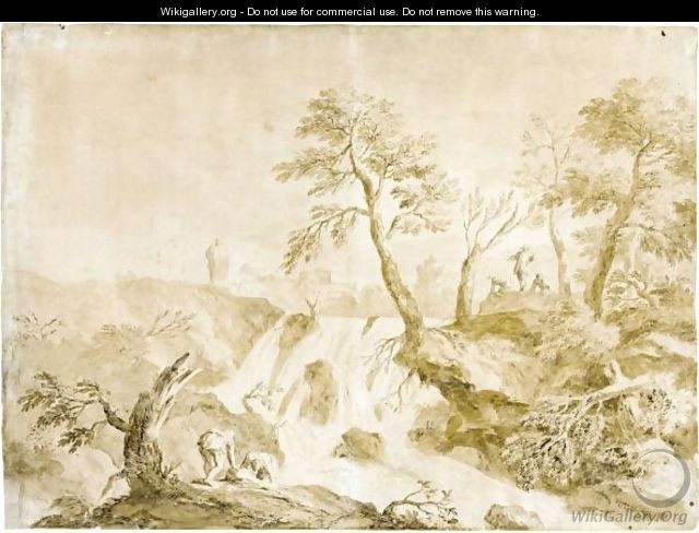 A Landscape With A Waterfall, Peasants On The Banks And Buildings In The Distance - Marco Ricci