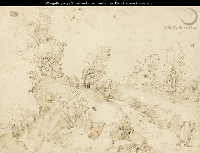 A Hilly Landscape With Travellers On A Road To The Right And Others With A Packhorse To The Left - Guido Reni