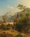 Peasants In An Alpine Landscape Near A Church - Ludwig Halauska