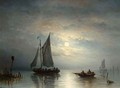 A Moonlit Coastal Landscape With Boats - Johannes Hilverdink