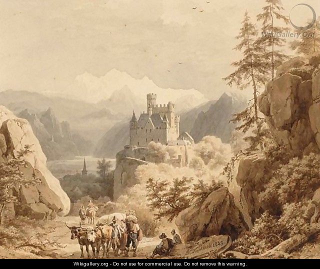 Travellers Resting In A Mountainous Landscape, A Castle In The Background - Barend Cornelis Koekkoek