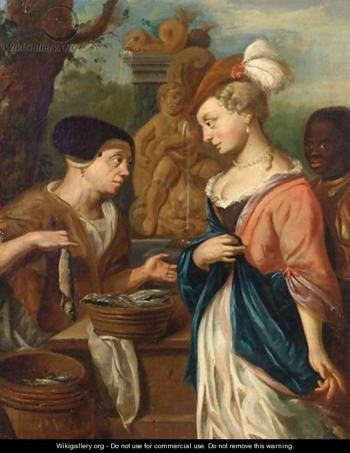 A Woman Selling Herring To An Elegant Lady And Her Servant, A Fountain Beyond - (after) Jacob Toorenvliet