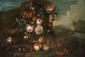 A Still Life With Roses, A Tulip And Other Flowers In A Basket, Peaches, Grapes And Strawberries In Front, In A Landscape - (after) Pieter Hardime