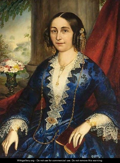 Portrait Of An Elegant Lady, Seated Three-Quarter Length, Wearing A Blue Dress - Italian School