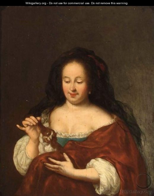 A Young Lady Playing With A Puppy King Charles Spaniel On Her Lap - (after) Frans Van The Elder Mieris