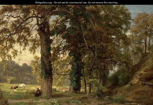 A Cowherdess With Her Cattle Resting Under A Tree - Theodore Fourmois
