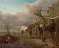 A Landscape With Travellers Unloading Their Wagon Near A Barn - (after) Philips Wouwerman