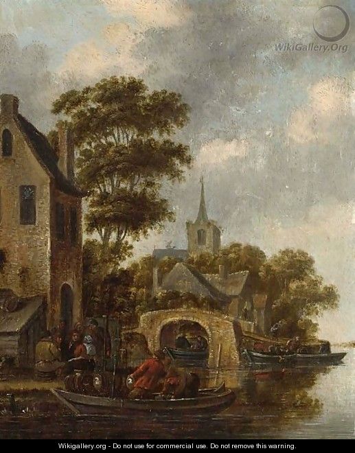 A Village On The Riverside With Merchants Unloading Their Ware - Thomas Heeremans