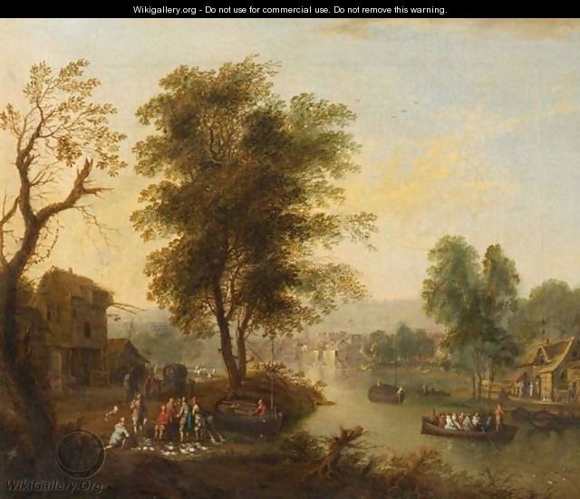 A River Landscape With Fishermen Unloading Their Catch, A Village In The Background - German School