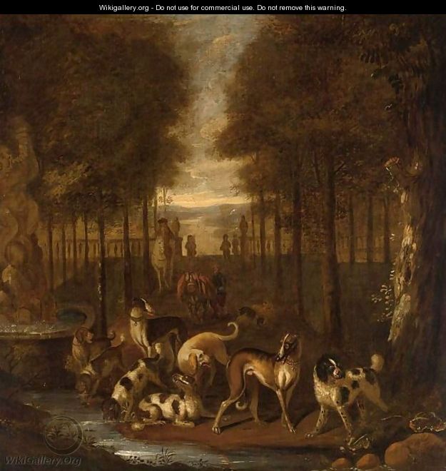 Spaniels And Other Hounds In A Park Setting Next To A Fountain - Adriaen Cornelisz. Beeldemaker