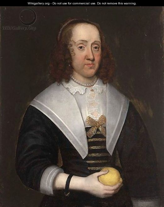 A Portrait Of A Lady, Half Length, Wearing A Black Dress With A White Lace Collar, Holding A Lemon In Her Right Hand - Dutch School