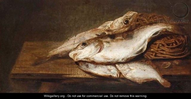 A Still Life With Fish And Shells On A Wooden Ledge - Pieter Van Schaeyenborgh