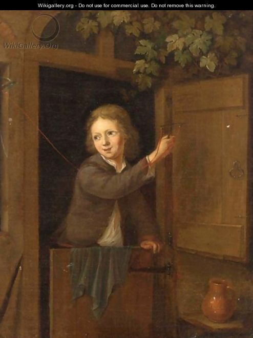 A Finch On A Fowling-Line Held By A Boy Standing In A Doorway - Arnold Houbraken