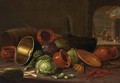 A Still Life With Earthenware Pots, A Barrel, Cabbages, Carrots, And Gherkins In The Foreground - Floris Gerritsz. van Schooten