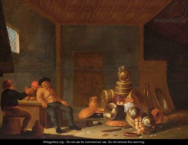 A Barn Interior With A Still Life Of Pots, A Copper Bowl, A Jug On A Barrel And Vegetables, Peasants Drinking Nearby - Jan Spanjaert